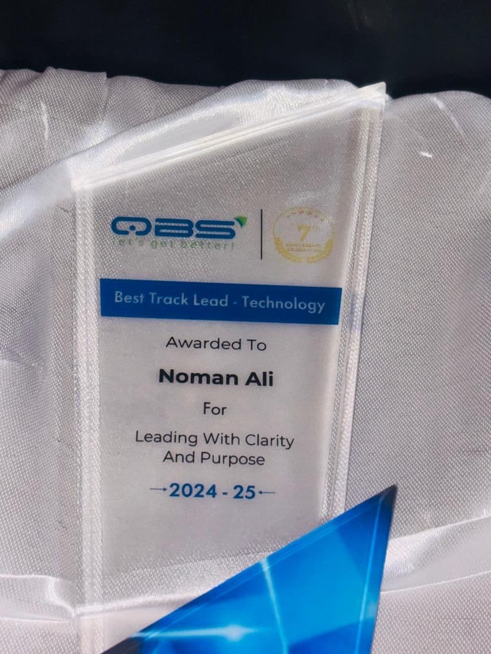 Best Track Lead - QBs co award trophy presented to Noman Ali by QBS Co.
