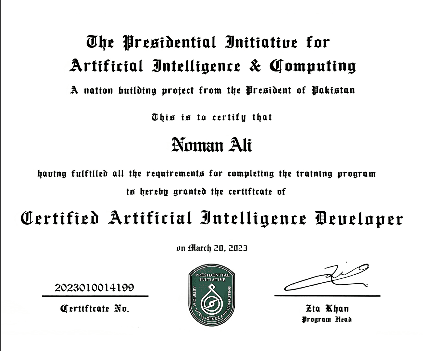 PIAIC Certified Artificial Intelligence Developer certificate for Noman Ali
